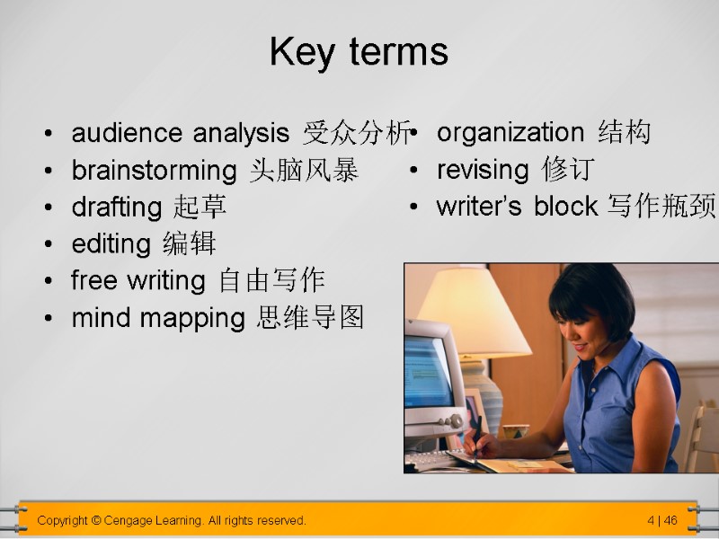 Key terms audience analysis 受众分析 brainstorming 头脑风暴 drafting 起草 editing 编辑 free writing 自由写作